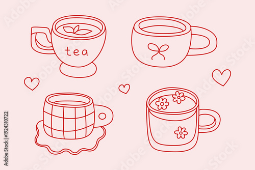 Set of lovely hand drawn tea drinks in mugs in Mediterranean style isolated on pastel pink background. Minimalist line art classic, herbal, floral tea for shops, cafe, packaging designs, posters, etc.