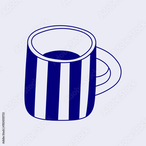 Minimalist hand drawn drink in striped mug in Mediterranean style isolated on pastel pink background. Modern line art tea or coffee icon for shop, cafe, packaging designs, posters, etc.