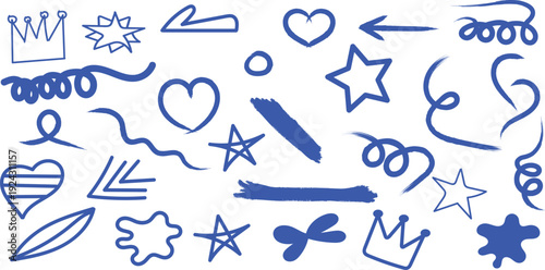 Collection of hand drawn blue symbols and shapes
