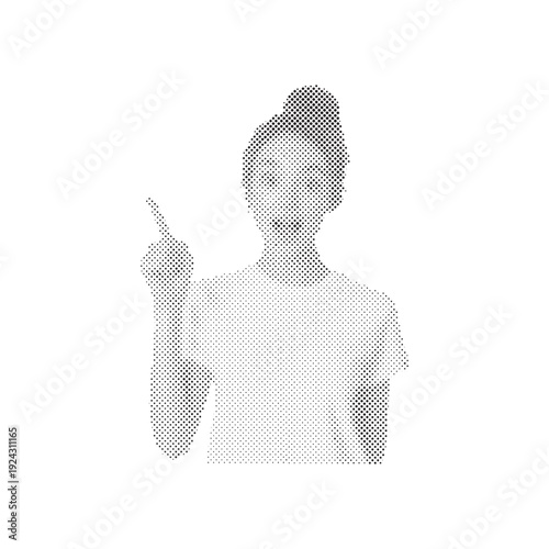 Woman Excitedly Pointing Finger Showing Direction with Halftone Effect