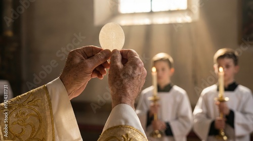 Senior man priest hands holding communion wafer during catholic mass. Religious ceremony and sacrament concept Christian church ritual.