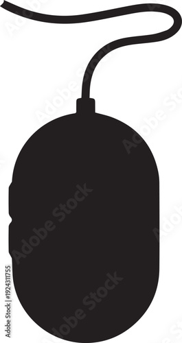 Black silhouette of wired computer mouse with rounded shape and buttons representing digital technology hardware input device design