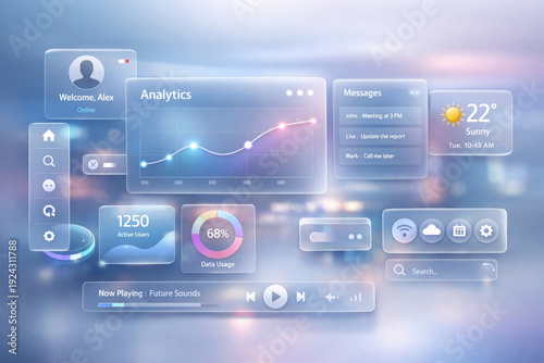 Futuristic Glassmorphism Dashboard Interface with Analytics Data Visualization