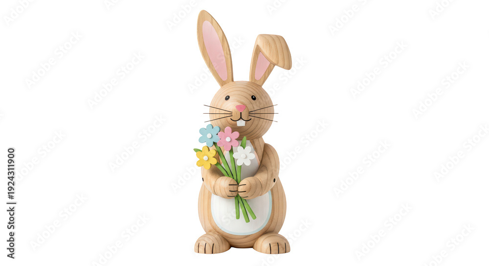 Obraz premium Hand-Painted Wooden Easter Bunny with Flowers Isolated on Transparent Background