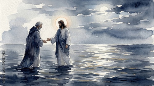 Jesus Christ walking on water offering hand to man. Biblical story and faith concept for Christian art. Watercolor illustration.