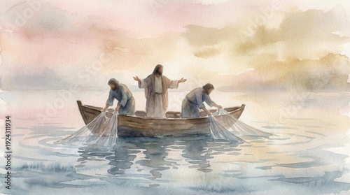 Jesus Christ with two men in a boat fishing, casting nets in water. Religious watercolor illustration for Christian church design.