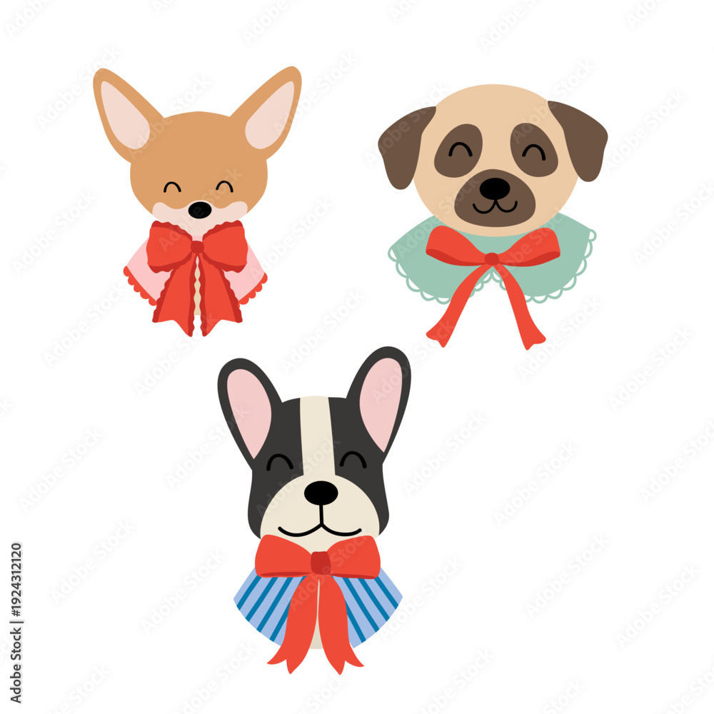 Fototapeta premium set of isolated Cute Dog Faces with Bows Illustration