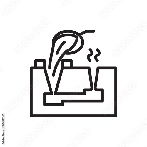 Sand mold casting icon. Metal foundry processes, representing molten pouring hardware, industrial sand casting technology, silica mold engineering, manufacturing production, and material science.