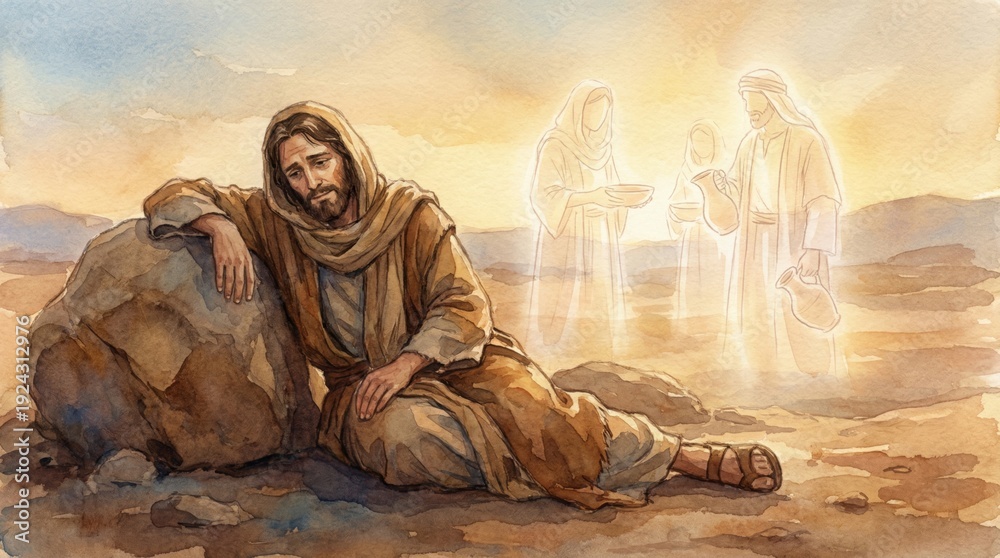 Naklejka premium Man, Jesus Christ, feeling weary in desert with angels appearing. Biblical scene for religious history, Christian education, faith story.