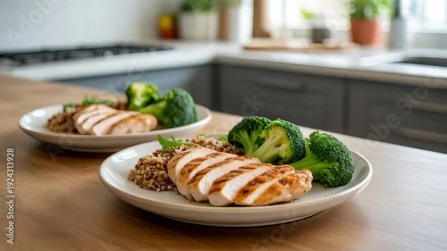Fototapeta Organized healthy food setup featuring lean protein and vegetables on a wooden counter, creating a serene wellness atmosphere with balanced geometry.