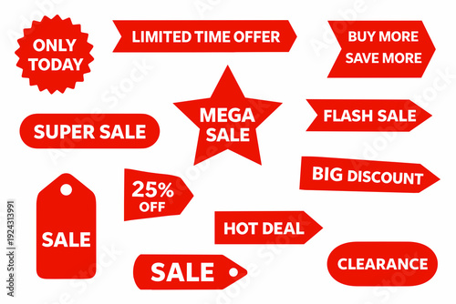 Red sale labels and banners with bold typography for limited time offers, mega sale, flash sale, hot deal, clearance, and percent discounts. Ideal for ecommerce ads and promo design.