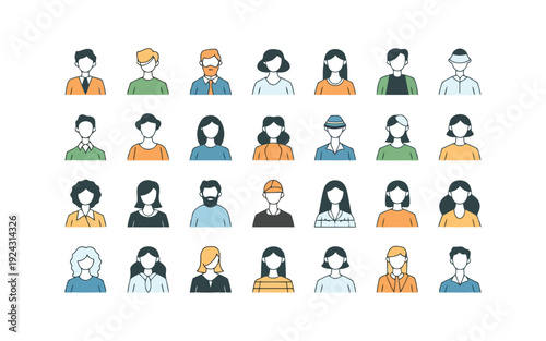 Diverse group of stylized icons representing various people with different hairstyles and accessories