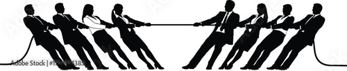 Corporate Business Professionals Competing in Tug of War Silhouette Representing Teamwork Strength Strategy Conflict and Competitive Spirit in Office Workplace