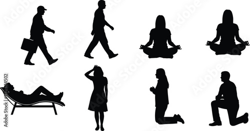 Large Collection of Diverse People Silhouettes in Various Poses Including Walking, Meditating, Kneeling, Relaxing, and Carrying a Briefcase for Design