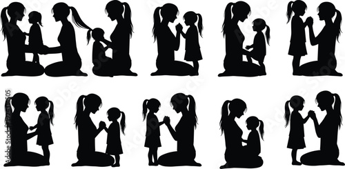 Large Collection of Mother and Daughter Silhouettes in Various Loving Poses Featuring Bonding Parenting Childcare and Heartfelt Family Moments Vector