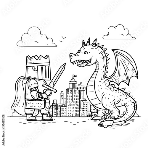 Knight in armor standing bravely facing a large dragon with a cityscape in the background medieval fantasy scene black and white illustration cartoon style