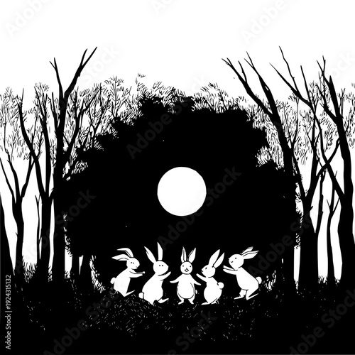 Whimsical group of five stylized rabbits dancing in a circle under a large full moon in a dark silhouetted forest clearing evoking a sense of enchantment and playful camaraderie