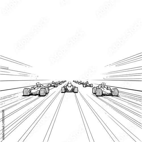 Racing cars speeding down a track high speed competition dynamic motion lines black and white illustration formula racing scene intense racing action multiple cars in pursuit