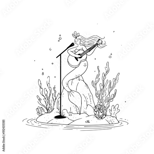 Whimsical illustration of a mermaid singing and playing guitar on a rocky island amidst underwater plants and bubbles with a microphone stand conveying a magical oceanic concert