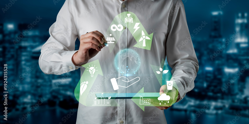 Fototapeta premium Person in White Shirt Holding Sustainable Energy Symbols with Digital Icons Representing Recycling, Innovation, and Environment in Urban Setting Quark.