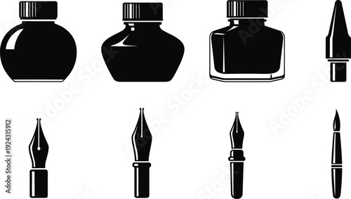 Icon set of ink bottles and fountain pens for writing and drawing