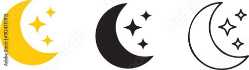 Crescent Moon and Sparkling Stars Icon Set – Night Sky Symbols in Linear, Glyph, and Yellow Styles