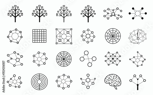 Diverse illustrations of abstract network diagrams and geometric tree structures