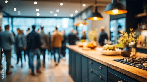 Defocused View of People Touring a Modern Kitchen Island at an Open House