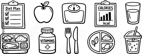 Healthy diet and nutrition icons set, including diet plan, apple, scale, calories, water, lunch box, vitamins, cutlery, healthy plate, and smoothie.