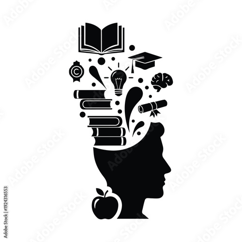 A silhouette head filled with symbols of knowledge and academic pursuit
