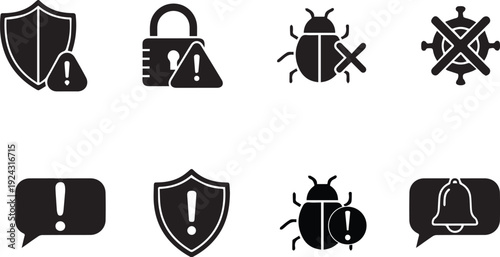 Security icons set including shield lock bug alert and notification symbols