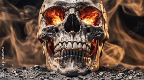 Eerie skull with glowing fire eyes and mouth, surrounded by smoke rising from rocky dark ground