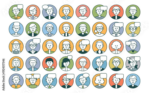 Diverse collection of whimsical illustrated human faces in colorful circles