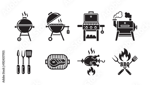 Barbecue Grills and Utensils Collection Icons Set