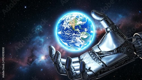 Robotic hand holding planet Earth in outer space with stars and nebulae.