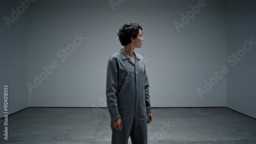 Woman in jumpsuit standing in empty room, looking around