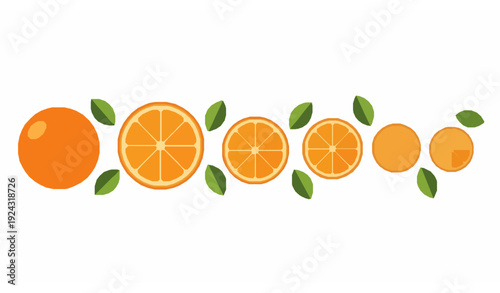 Flat Design Orange Fruit Collection with Slices and Leaves Isolated on White Background