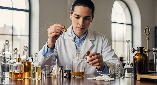 Scientist in lab coat analyzing liquids with pipette and beaker in laboratory setting with various glassware