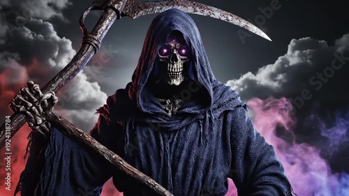 Ominous Grim Reaper figure with glowing eyes against a dramatic stormy sky with colored clouds