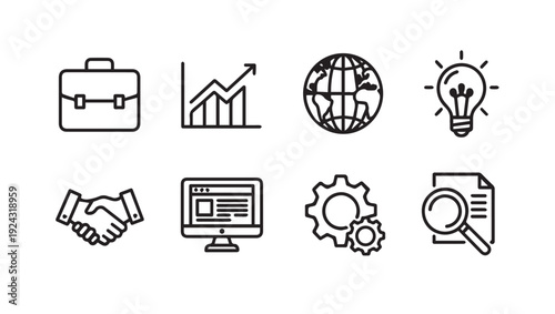 Business Concept Icons: Briefcase Graph Globe Lightbulb Handshake Computer Gears Magnifying Glass