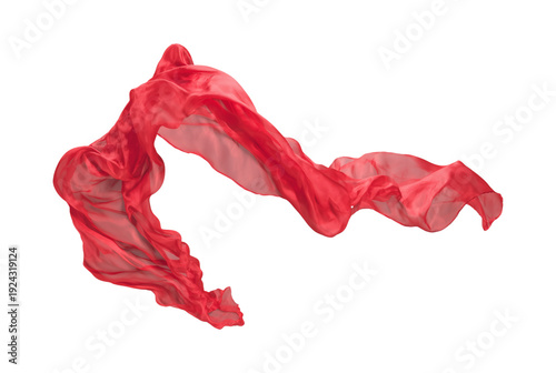 Flowing red chiffon fabric, transparent silk cloth wave with soft airy folds isolated on transparent background