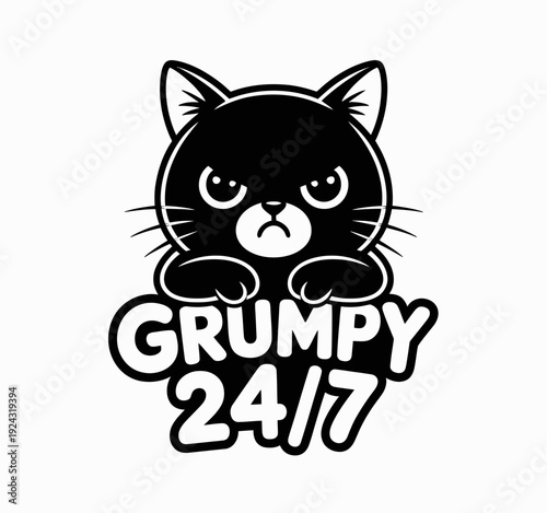 A stylish black cat logo for grumpy 24/7 brand or service representation isolated on white background, Vector, illustration