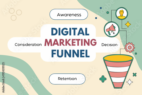 Digital Marketing Funnel Customer Journey Stages Illustration.