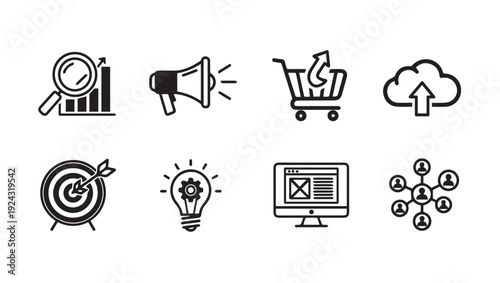 Business Icons Set: Analytics Marketing Commerce Cloud Target Idea Web Network