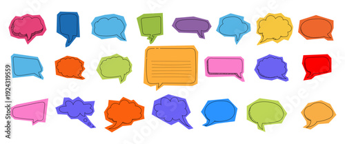 Comic speech bubble scrapbook collection. Torn paper bubble shapes for dialogue, message and text. Comic colorful scrapbook collage speech bubbles. Hand drawn vector balloons on transparent background