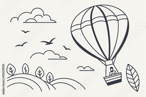 Hot Air Balloon Flying Over Serene Landscape Illustration.