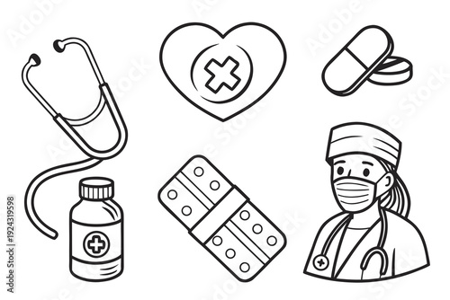 Medical Healthcare Icons Set with Doctor and Supplies.