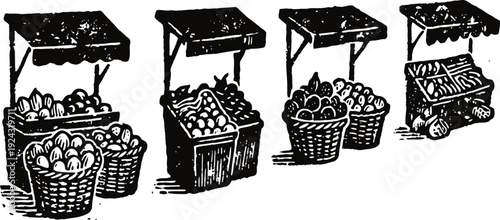 Four vintage fruit market stands with baskets and crates filled with apples and produce