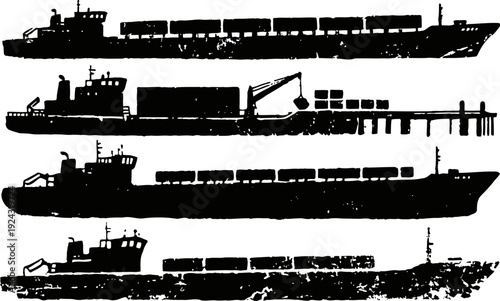 silhouettes of cargo ships and container vessels docked at pier with loading crane