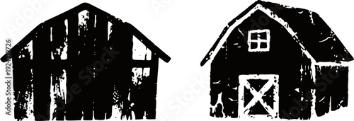 Two rustic barns silhouette vintage wooden farm buildings agricultural countryside structures isolated on white